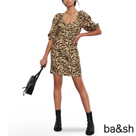 BA&SH **NWT** Zola Puff-sleeve Linen-blend Tiger Print Mini Dress - Picture 7 of 14